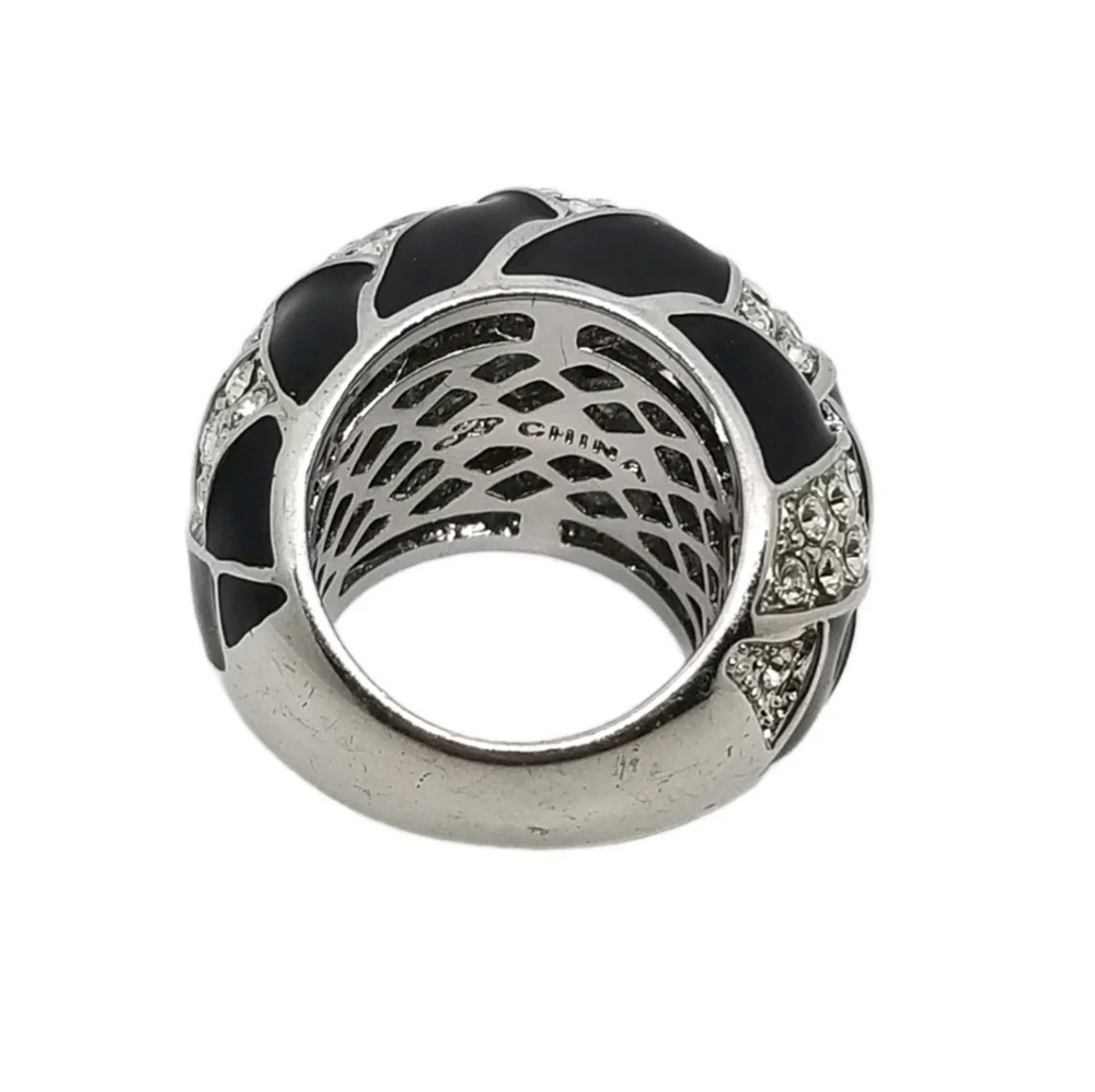 JOAN BOYCE DESIGNER 1980S SILVERTONE, BLACK & CRYSTAL BASKETWEAVE DESIGN RING - Picture 4 of 5